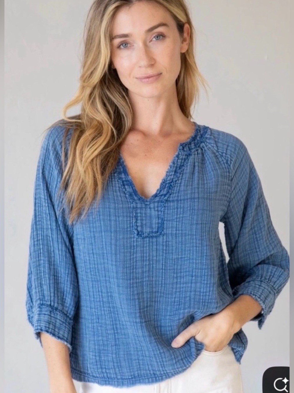 NATURAL LIFE Robyn Crinkled Gauze V-Neck Top Cotton Blue Washed Relaxed Boho XXL